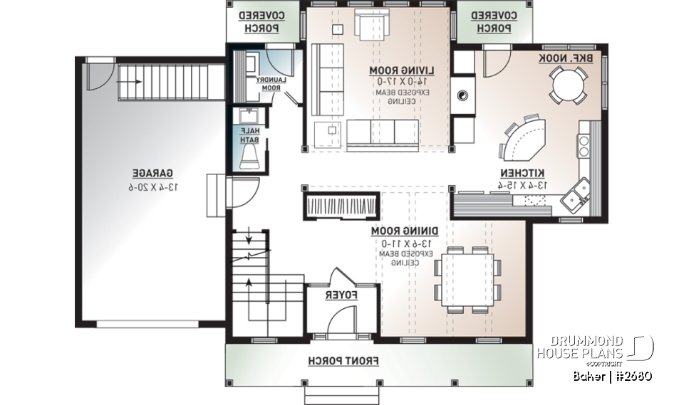 1st level - Beautiful small farmhouse house plan, low-building cost, master suite, garage, breakfast nook - Baker