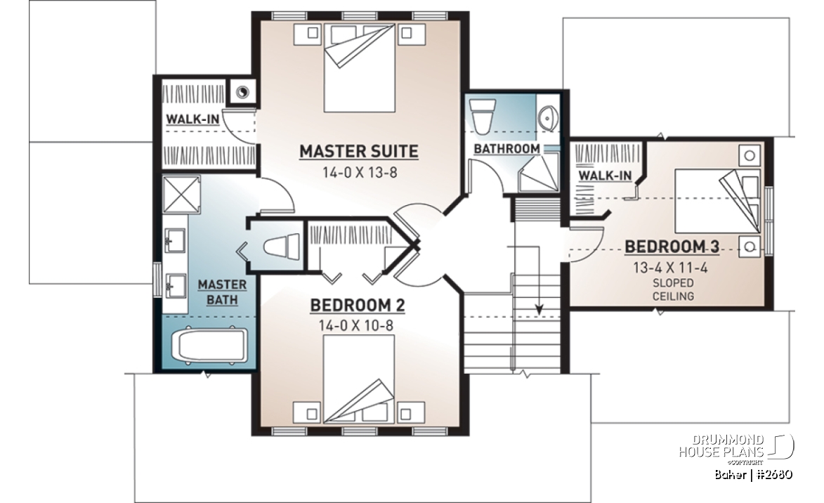 2nd level - Beautiful small farmhouse house plan, low-building cost, master suite, garage, breakfast nook - Baker