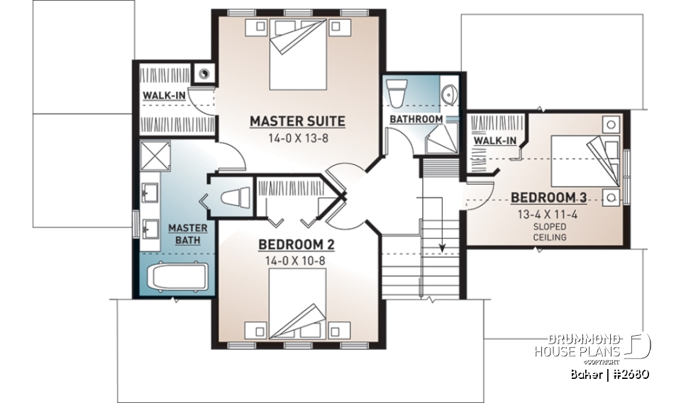 2nd level - Beautiful small farmhouse house plan, low-building cost, master suite, garage, breakfast nook - Baker