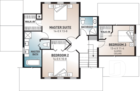 2nd level - Beautiful small farmhouse house plan, low-building cost, master suite, garage, breakfast nook - Baker