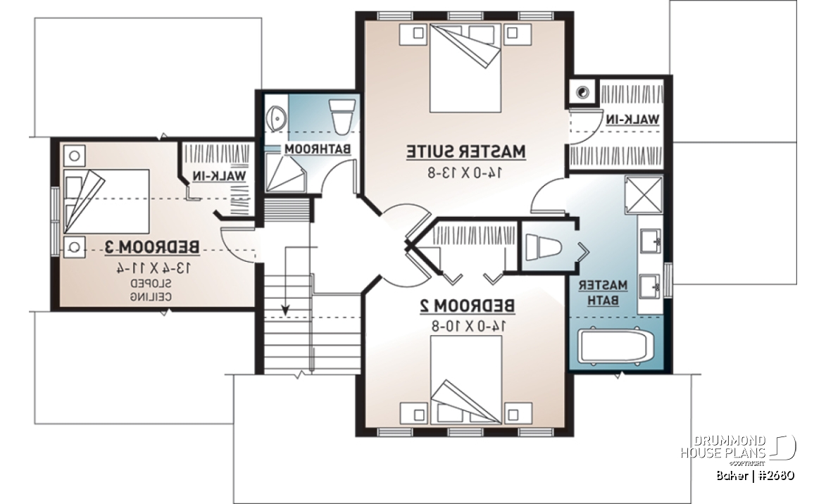 2nd level - Beautiful small farmhouse house plan, low-building cost, master suite, garage, breakfast nook - Baker