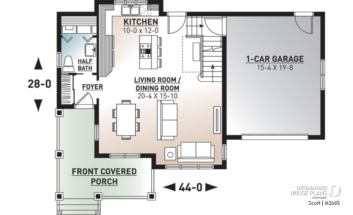 1st level - Tudor house plan with garage, 3 large bedrooms, open floor concept, laundry room on main floor - Scott