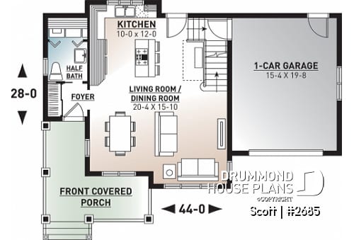 1st level - Tudor house plan with garage, 3 large bedrooms, open floor concept, laundry room on main floor - Scott