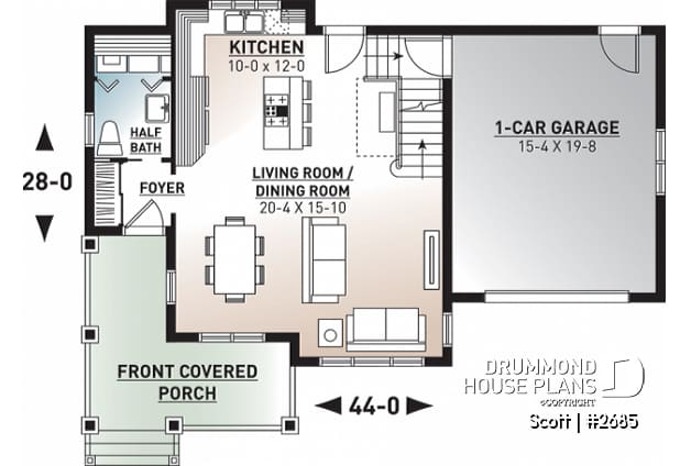 1st level - Tudor house plan with garage, 3 large bedrooms, open floor concept, laundry room on main floor - Scott