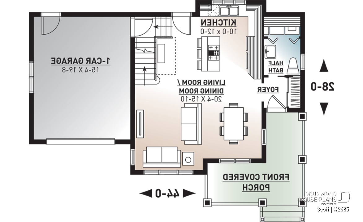 1st level - Tudor house plan with garage, 3 large bedrooms, open floor concept, laundry room on main floor - Scott