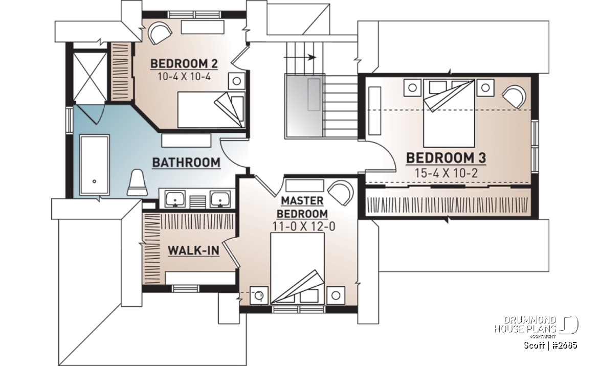 2nd level - Tudor house plan with garage, 3 large bedrooms, open floor concept, laundry room on main floor - Scott