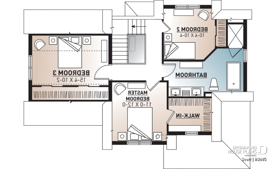 2nd level - Tudor house plan with garage, 3 large bedrooms, open floor concept, laundry room on main floor - Scott