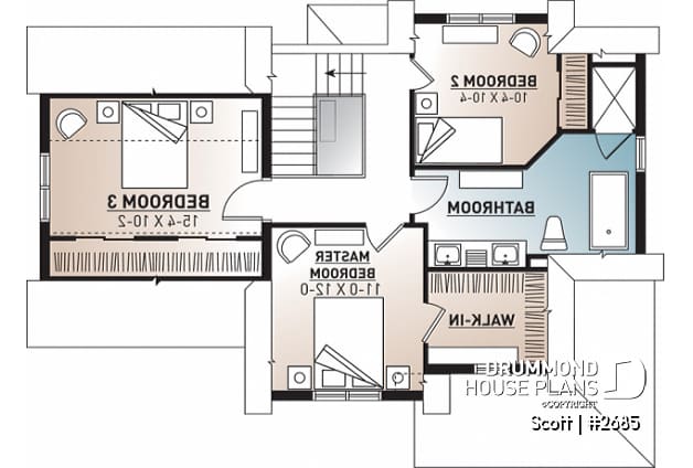 2nd level - Tudor house plan with garage, 3 large bedrooms, open floor concept, laundry room on main floor - Scott