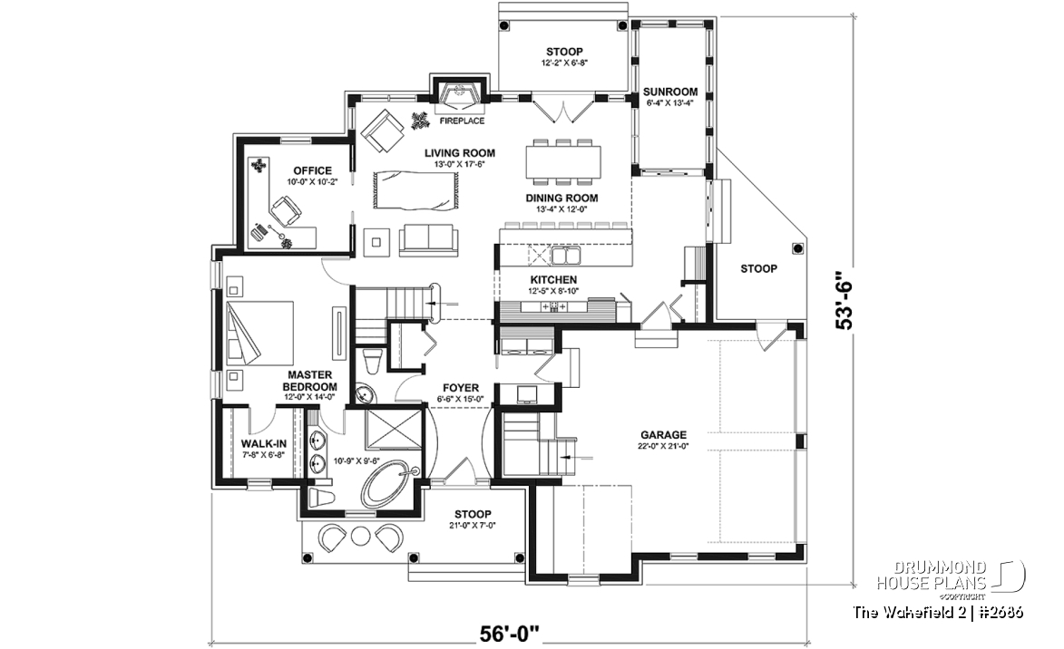 1st level - 2-car garage French country house plan, 3-4 bedrooms, sun room, home office, huge kitchen island and fireplace - The Wakefield 2