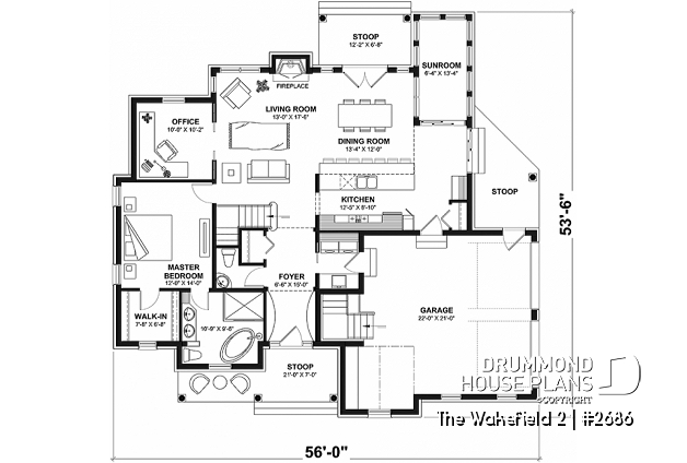 1st level - 2-car garage French country house plan, 3-4 bedrooms, sun room, home office, huge kitchen island and fireplace - The Wakefield 2
