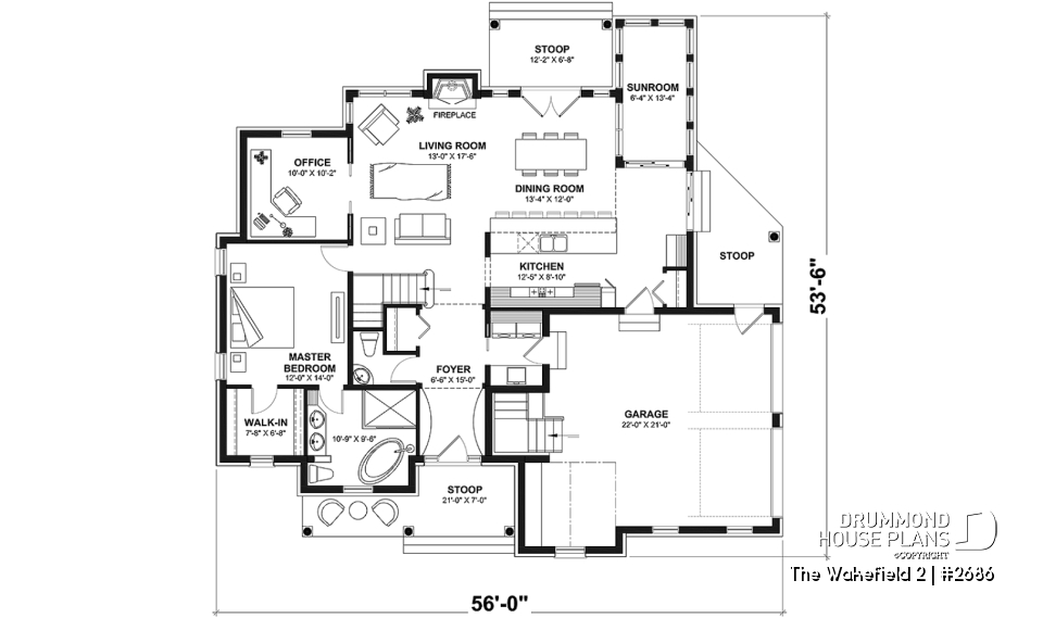 1st level - 2-car garage French country house plan, 3-4 bedrooms, sun room, home office, huge kitchen island and fireplace - The Wakefield 2