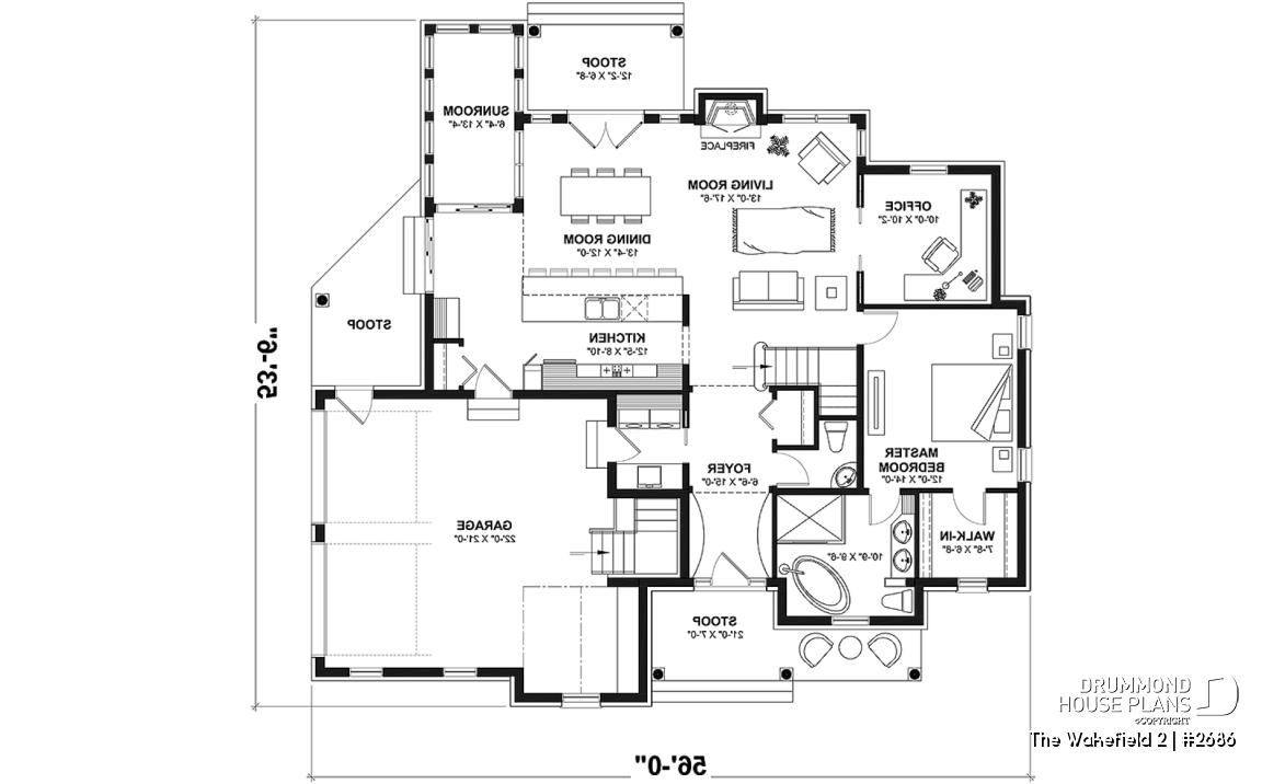 1st level - 2-car garage French country house plan, 3-4 bedrooms, sun room, home office, huge kitchen island and fireplace - The Wakefield 2