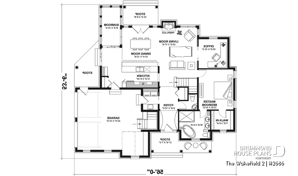 1st level - 2-car garage French country house plan, 3-4 bedrooms, sun room, home office, huge kitchen island and fireplace - The Wakefield 2