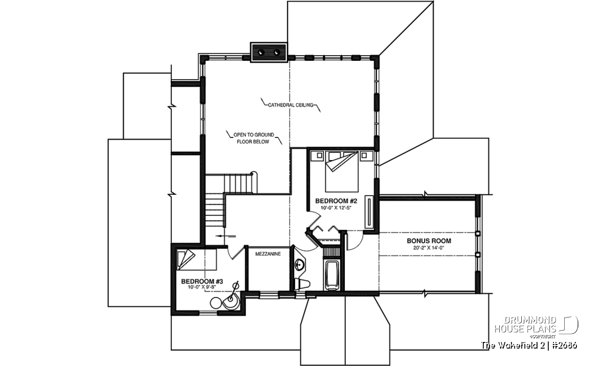 2nd level - 2-car garage French country house plan, 3-4 bedrooms, sun room, home office, huge kitchen island and fireplace - The Wakefield 2
