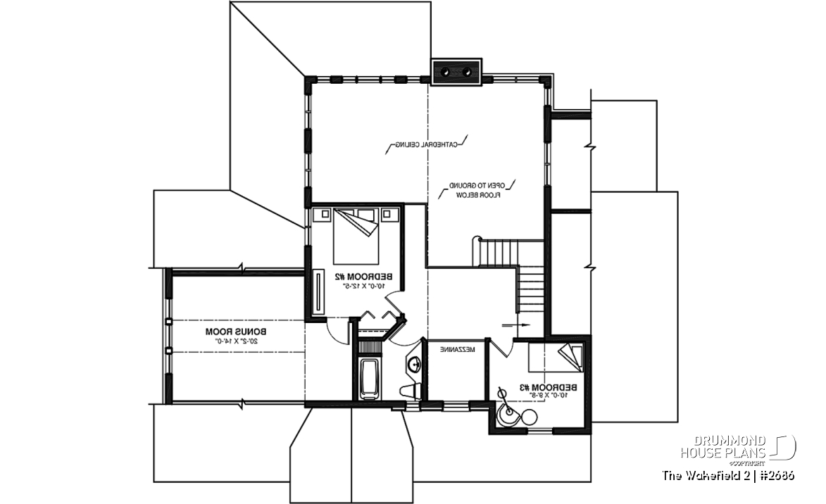 2nd level - 2-car garage French country house plan, 3-4 bedrooms, sun room, home office, huge kitchen island and fireplace - The Wakefield 2