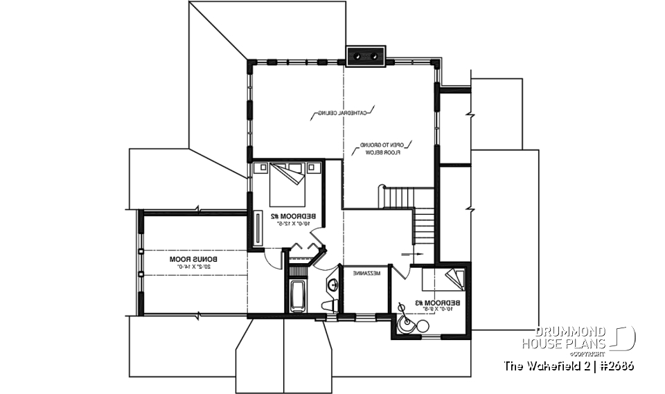 2nd level - 2-car garage French country house plan, 3-4 bedrooms, sun room, home office, huge kitchen island and fireplace - The Wakefield 2