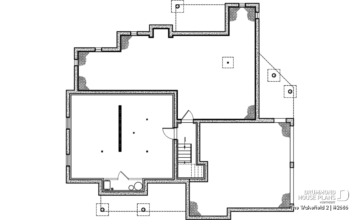 Basement - 2-car garage French country house plan, 3-4 bedrooms, sun room, home office, huge kitchen island and fireplace - The Wakefield 2
