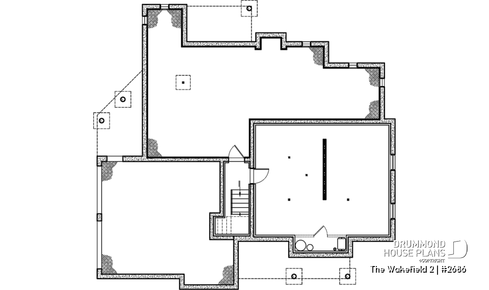 Basement - 2-car garage French country house plan, 3-4 bedrooms, sun room, home office, huge kitchen island and fireplace - The Wakefield 2