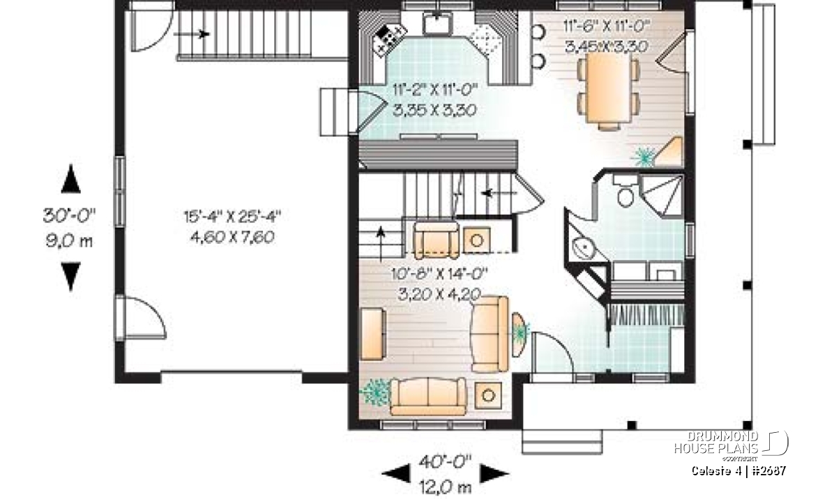 1st level - Country style 3 bedroom house plan, garage, lots of natural lights, affordable construction costs, garage - Celeste 4