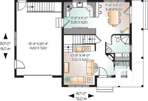 1st level - Country style 3 bedroom house plan, garage, lots of natural lights, affordable construction costs, garage - Celeste 4