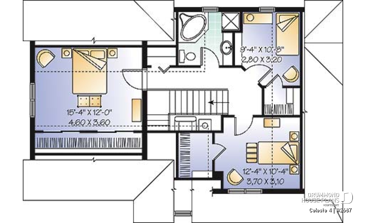 2nd level - Country style 3 bedroom house plan, garage, lots of natural lights, affordable construction costs, garage - Celeste 4