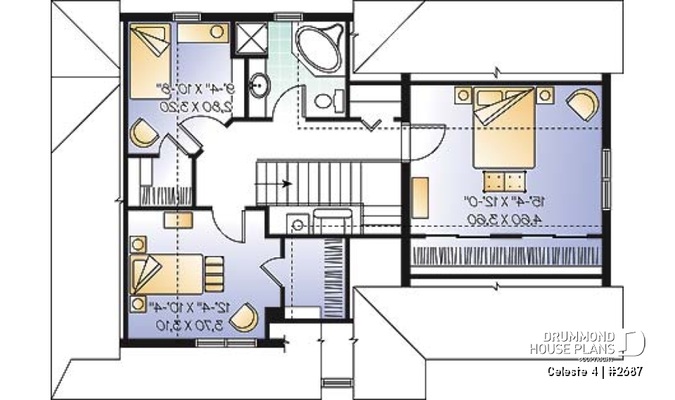 2nd level - Country style 3 bedroom house plan, garage, lots of natural lights, affordable construction costs, garage - Celeste 4