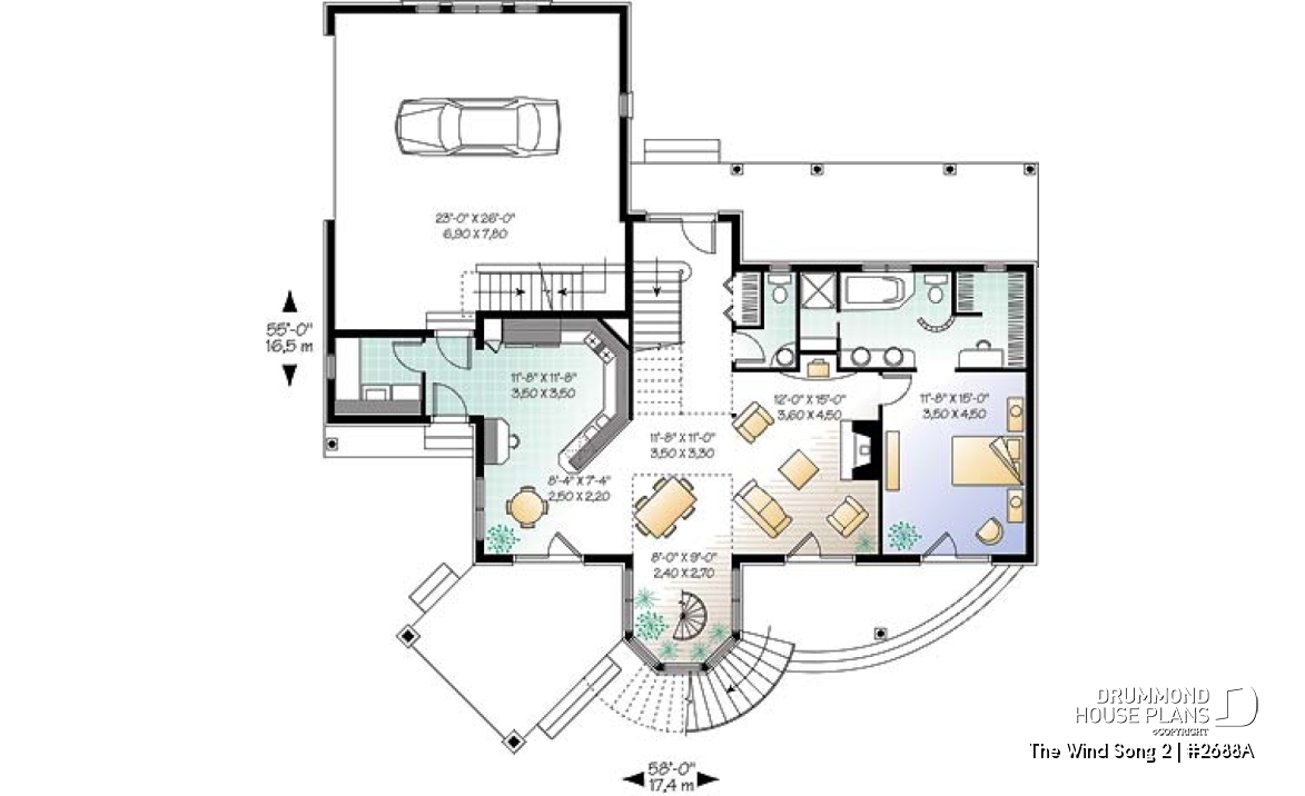 1st level - 3 to 4 bedroom house plan with panoramic views, large bonus room, 2-car garage side-load - The Wind Song 2