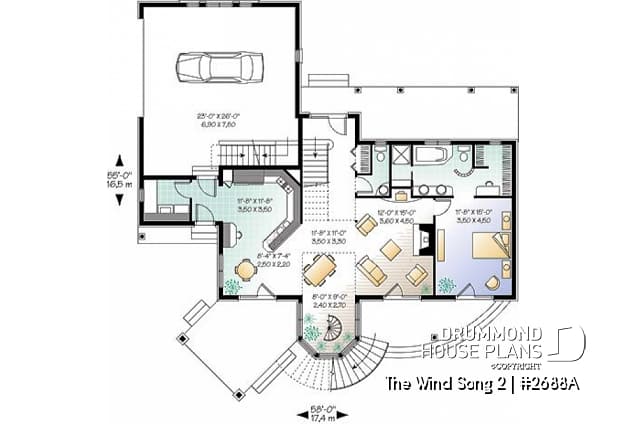 1st level - 3 to 4 bedroom house plan with panoramic views, large bonus room, 2-car garage side-load - The Wind Song 2