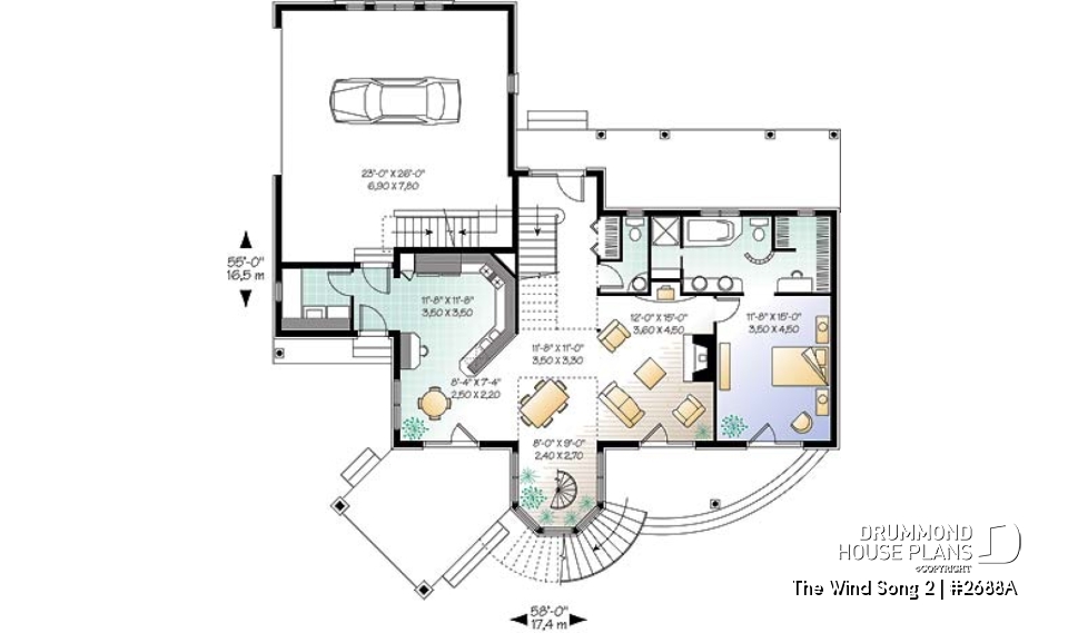 1st level - 3 to 4 bedroom house plan with panoramic views, large bonus room, 2-car garage side-load - The Wind Song 2