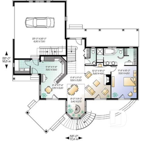 1st level - 3 to 4 bedroom house plan with panoramic views, large bonus room, 2-car garage side-load - The Wind Song 2