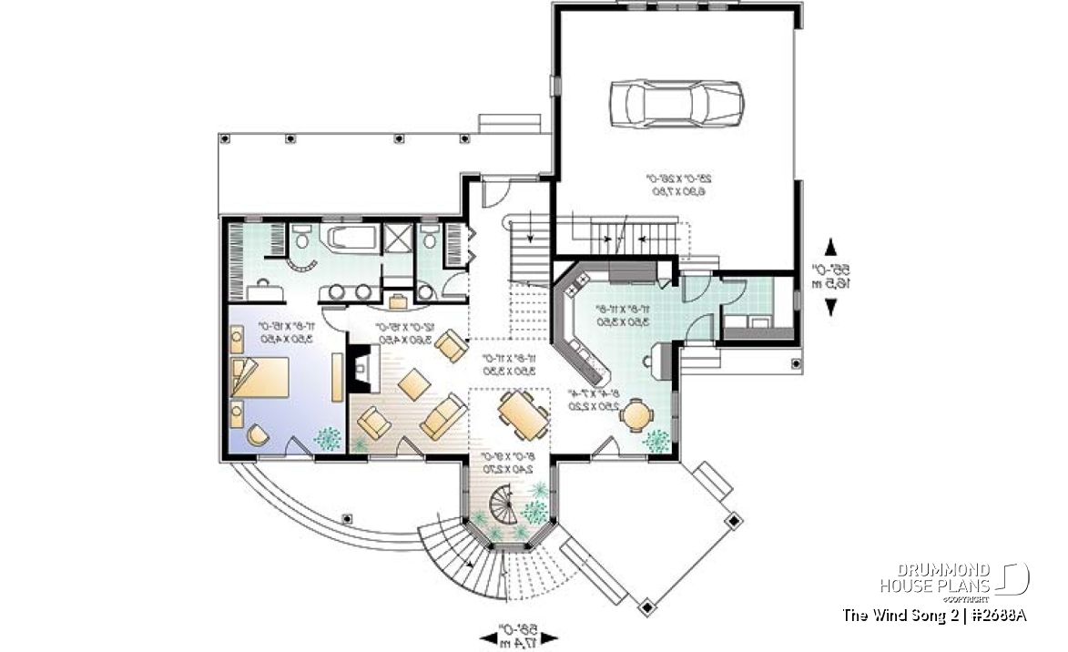 1st level - 3 to 4 bedroom house plan with panoramic views, large bonus room, 2-car garage side-load - The Wind Song 2