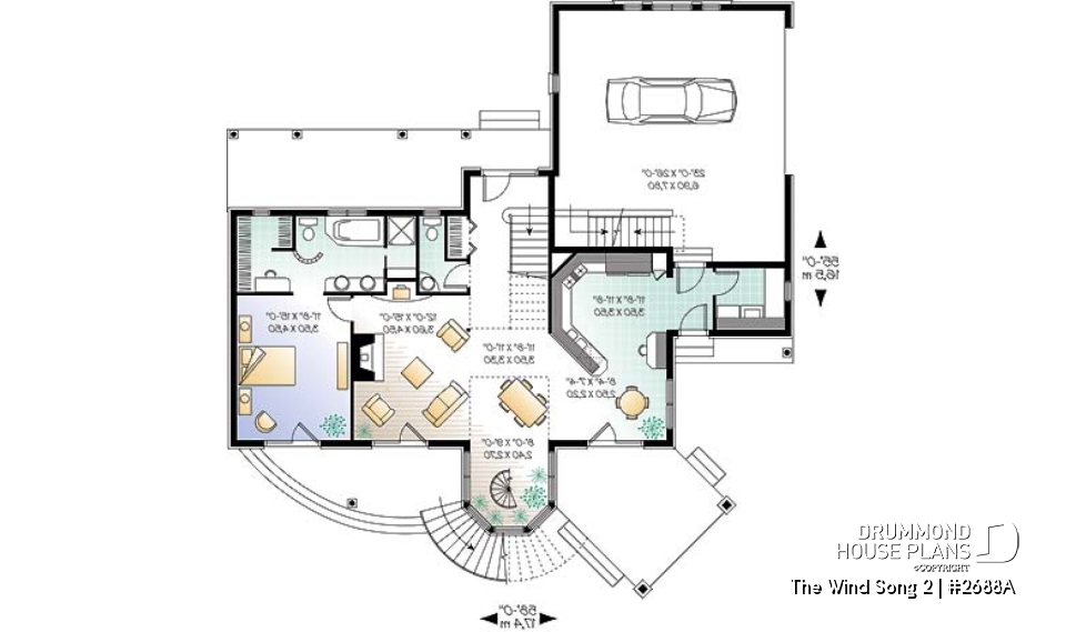 1st level - 3 to 4 bedroom house plan with panoramic views, large bonus room, 2-car garage side-load - The Wind Song 2