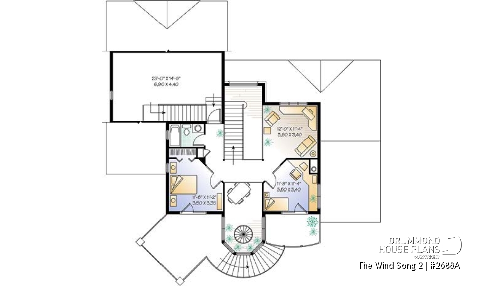 2nd level - 3 to 4 bedroom house plan with panoramic views, large bonus room, 2-car garage side-load - The Wind Song 2