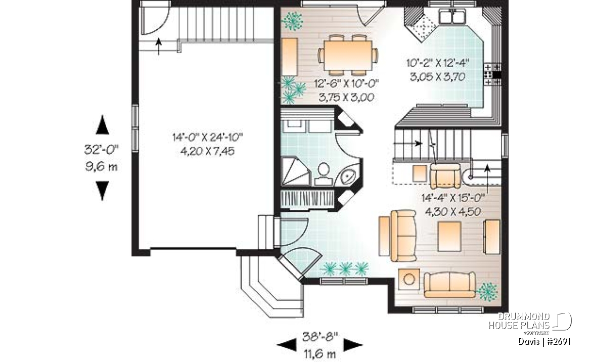 1st level - 3 bedroom stylish scandinavian style small house plan with 3 large bedrooms, eat-in kitchen and garage - Davis