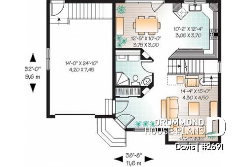 1st level - 3 bedroom stylish scandinavian style small house plan with 3 large bedrooms, eat-in kitchen and garage - Davis