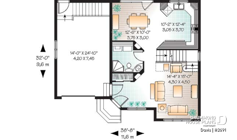 1st level - 3 bedroom stylish scandinavian style small house plan with 3 large bedrooms, eat-in kitchen and garage - Davis