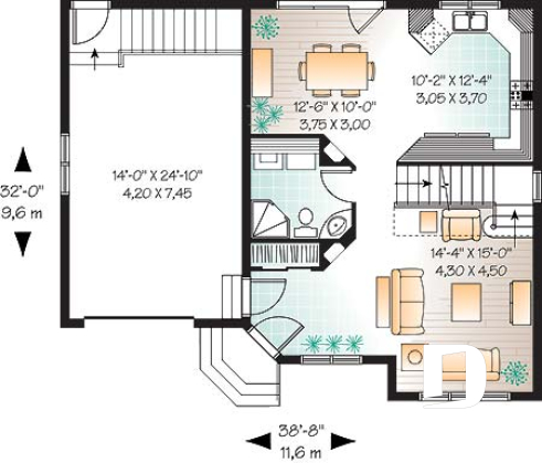 1st level - 3 bedroom stylish scandinavian style small house plan with 3 large bedrooms, eat-in kitchen and garage - Davis