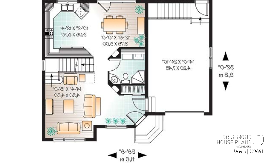 1st level - 3 bedroom stylish scandinavian style small house plan with 3 large bedrooms, eat-in kitchen and garage - Davis