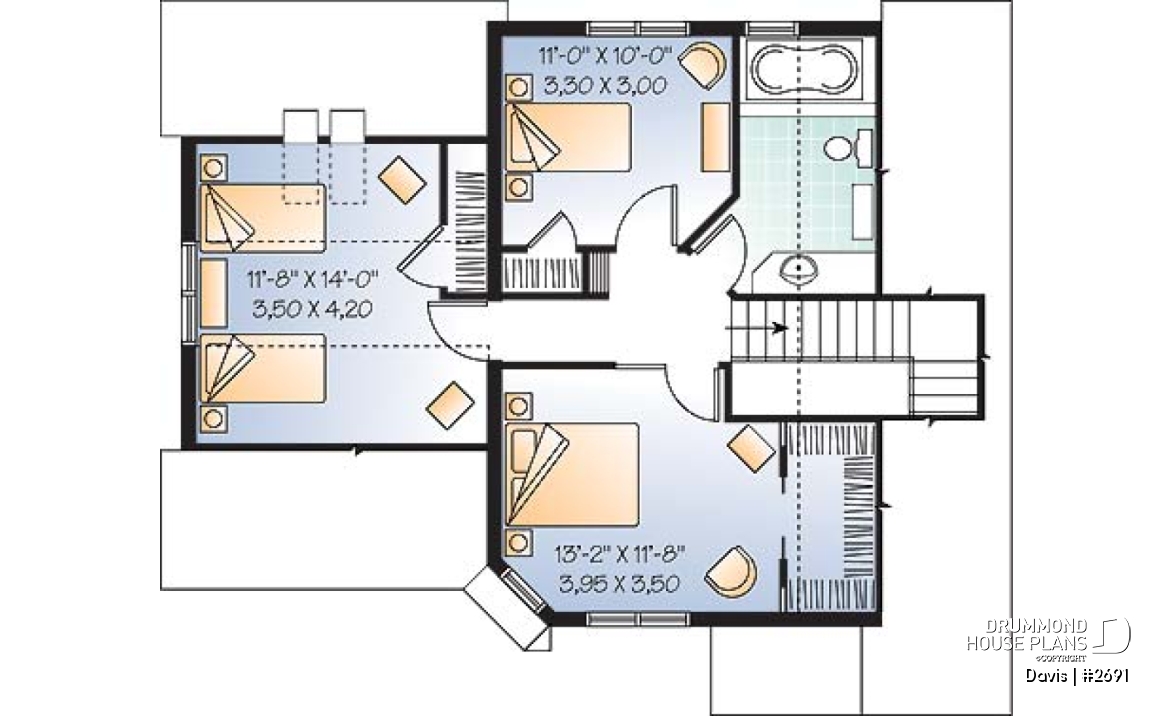 2nd level - 3 bedroom stylish scandinavian style small house plan with 3 large bedrooms, eat-in kitchen and garage - Davis
