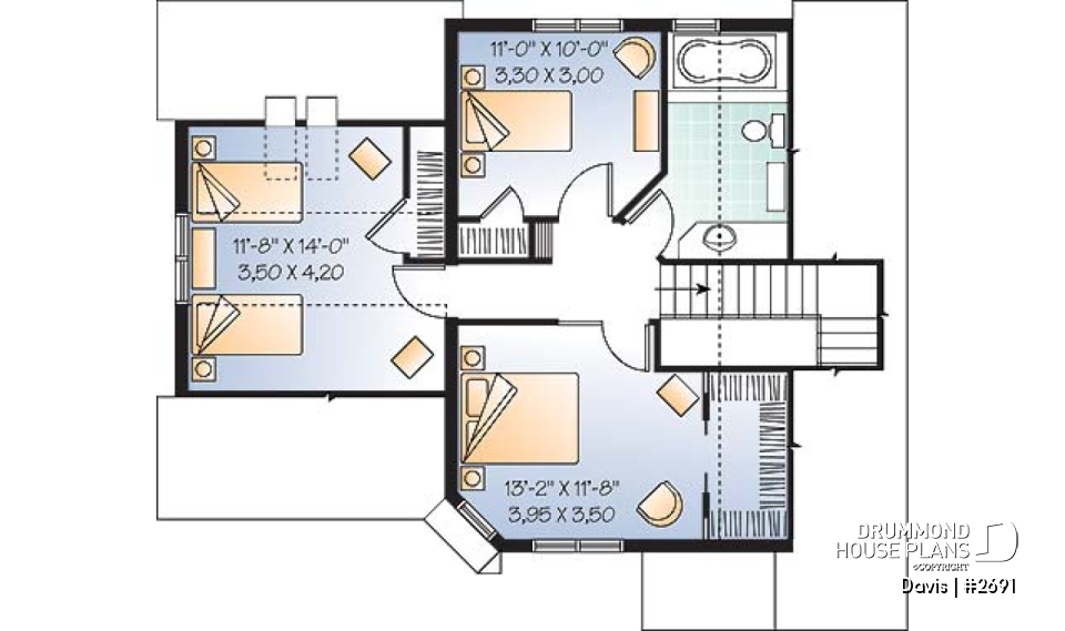 2nd level - 3 bedroom stylish scandinavian style small house plan with 3 large bedrooms, eat-in kitchen and garage - Davis