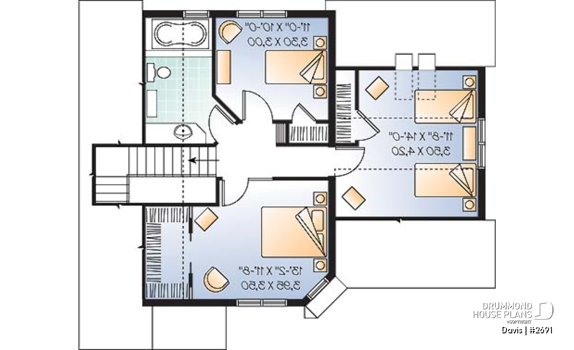 2nd level - 3 bedroom stylish scandinavian style small house plan with 3 large bedrooms, eat-in kitchen and garage - Davis