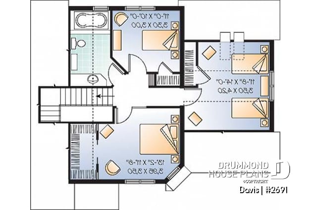 2nd level - 3 bedroom stylish scandinavian style small house plan with 3 large bedrooms, eat-in kitchen and garage - Davis