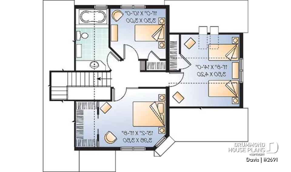 2nd level - 3 bedroom stylish scandinavian style small house plan with 3 large bedrooms, eat-in kitchen and garage - Davis