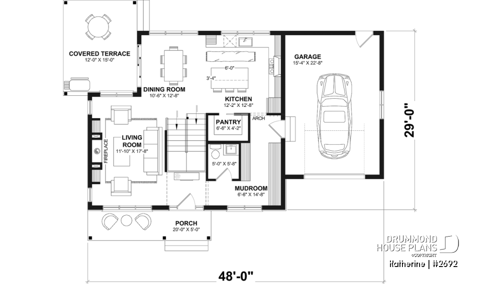 1st level - Modern Farmhouse House Plan with Maibec Stone, 3 Bedrooms and Garage - Katherine