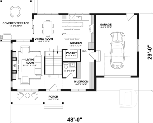 1st level - Modern Farmhouse House Plan with Maibec Stone, 3 Bedrooms and Garage - Katherine