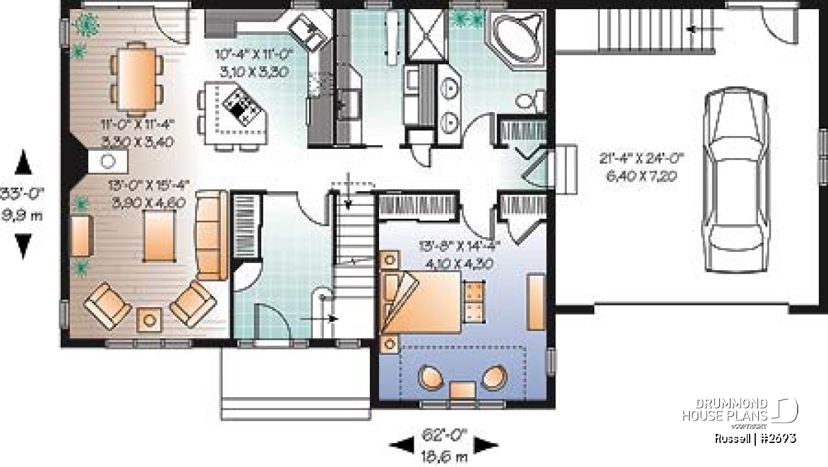 1st level - 3 to 4 bedroom simple 2-storey home, bonus room above 2-car garage, family and living rooms - Russell