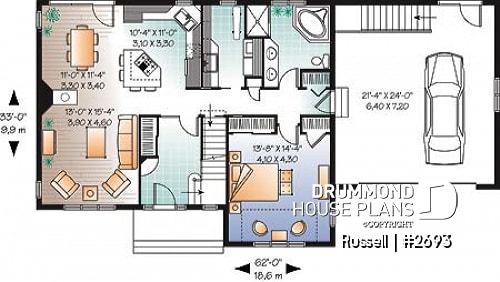 1st level - 3 to 4 bedroom simple 2-storey home, bonus room above 2-car garage, family and living rooms - Russell