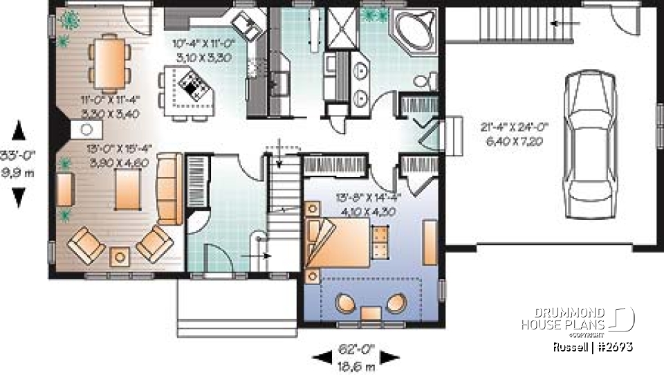 1st level - 3 to 4 bedroom simple 2-storey home, bonus room above 2-car garage, family and living rooms - Russell