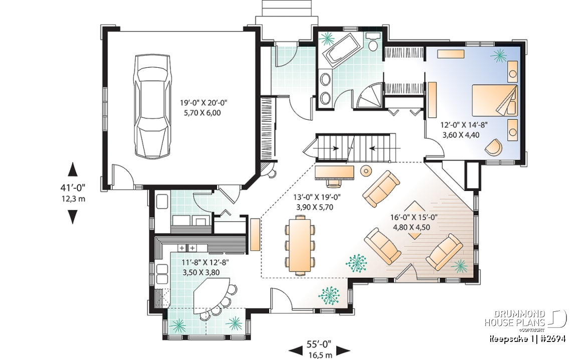 1st level - Panoramic view cottage plan, master on main floor, 2-car garage, 4 bedrooms, laundry room - Keepsake 1