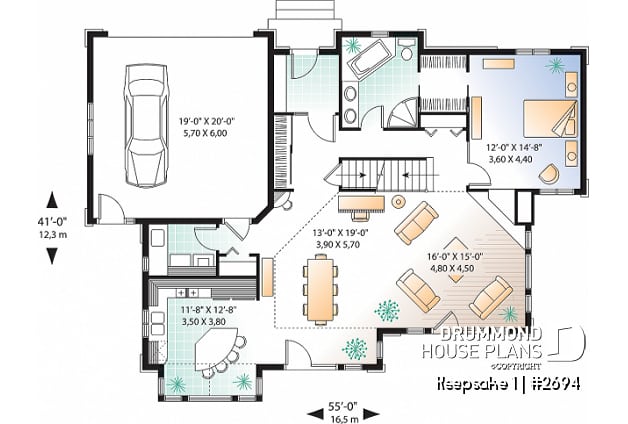 1st level - Panoramic view cottage plan, master on main floor, 2-car garage, 4 bedrooms, laundry room - Keepsake 1